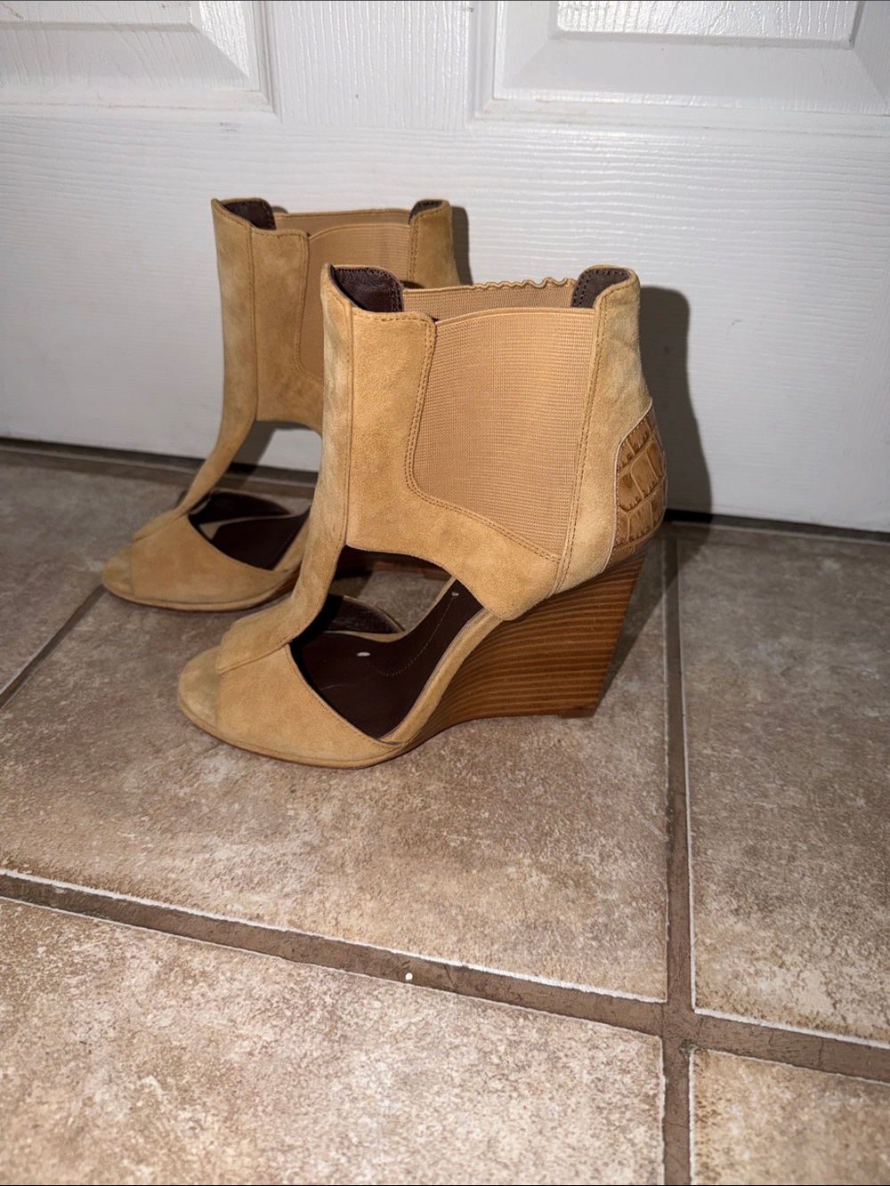 BCBGSuede Open-Toe Wedge Booties in Tan